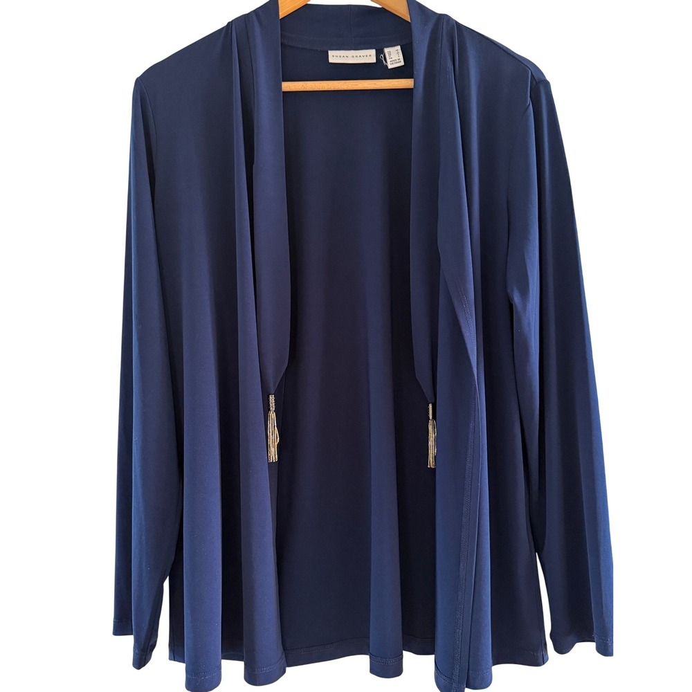 Susan Graver Womens Medium Cardigan Navy Blue Open Front Tassel Knit Boho‎ Chic